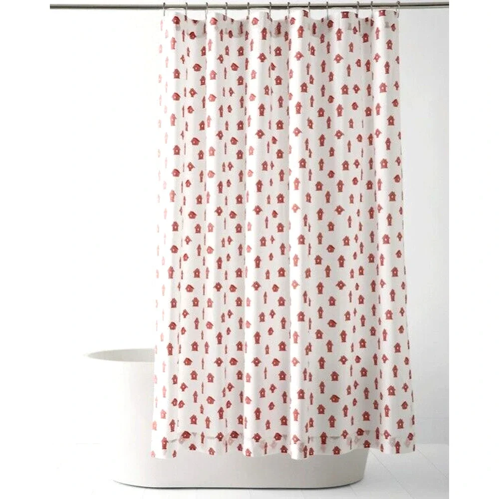 Garnet Hill Garden Birdhouses Shower Curtain, Coral Orange White Whimsical